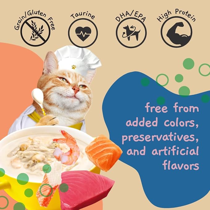 MOOCHIE Grain Free Creamy Seafood Multipack Cat Broth - Real Salmon, Shrimp, Kanikama - No Artificial Flavors or Preservatives - 16 x 1.4 oz Pouch