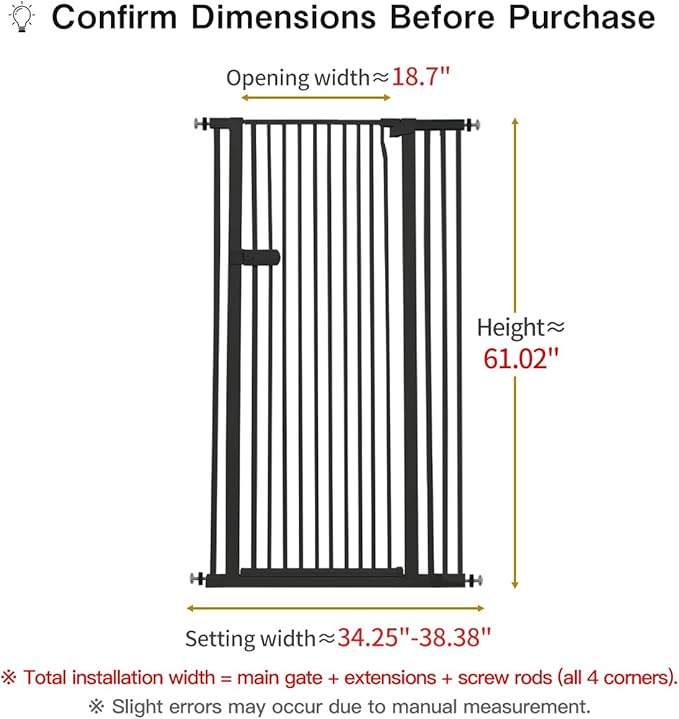 Lumizone Extra Tall Cat Gate 61.02" High Pressure Mounted Extra Wide 2025 New (17 Sizes) 1.37" Gap No Drilling Auto-Close One-Handed Operation Tall Pet Gate for Dogs(Black, 34.25"-38.38"/87-97CM)