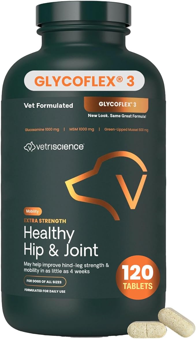 VetriScience Extra Strength Healthy Hip & Joint Chewable Tablets, GlycoFlex Glucosamine and Green-Lipped Mussel Joint Support Supplement for Dogs, Soothe Joint Discomfort, Chicken, 120 Count