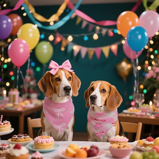 Pink Bow Dog Bandanas 2PCS-XLarge,Pink Christmas Scarf for Girls,Cute Coquette Bowknot Dog Kerchief Gifts,Triangle Pet Outfits for Extra Large Dogs