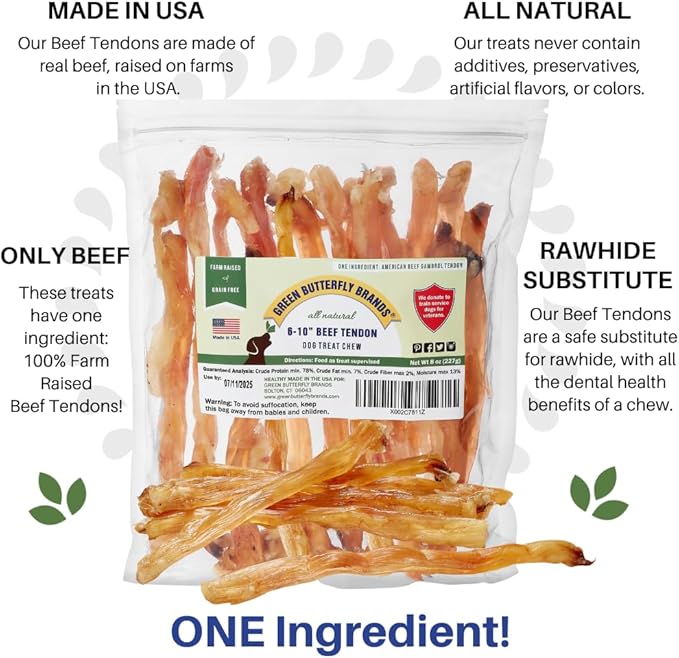 Beef Tendons for Dogs. USA Made, Grass Fed, All Natural Dental Chews. Grain Free, Odor Free (8 OZ)