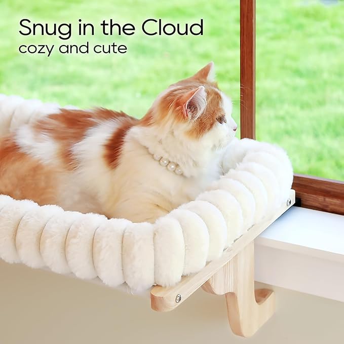 Zakkart SnugCloud Cat Window Perch with 4-Sided Bolster - Orthopedic Cat Hammock for Window Sill - Solid Hardwood & Metal Frame - Window Seat for Pets (Natural Color Wood w/White Bed, Medium)