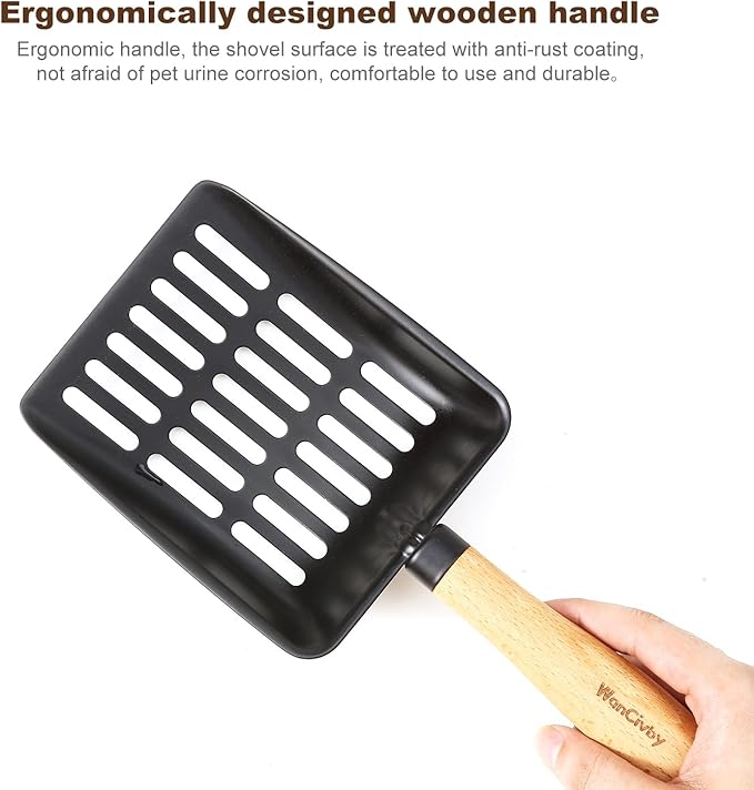 Premium Cat Litter Scoop with Ergonomic Beech Wood Handle - Stainless Steel Sifter with Hook & Hole for Easy Cleaning, Durable & Odor-Free (Teflon)