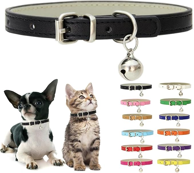 Black Small Collar with Bell, Soft Pu Leather Cat Collars Adjustable Buckle for XXS XS Extra Small Medium Tiny Male Boys Girls Pets Dogs Kitten Teacup Yorkie S
