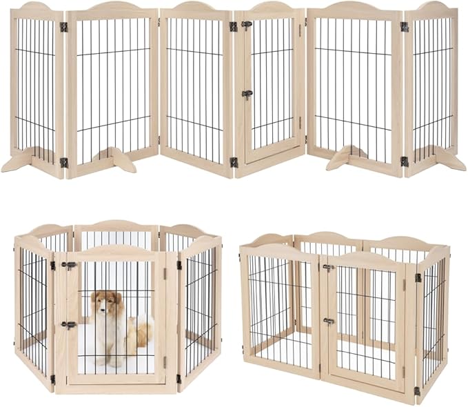 unipaws 132" Extra Wide Dog Gate and Pet Playpen, Free Standing Tall Fence with Walk Through Door, Barriers for Home, Use as Indoor Dogs Cats Pen, Rabbit Pen, Nature