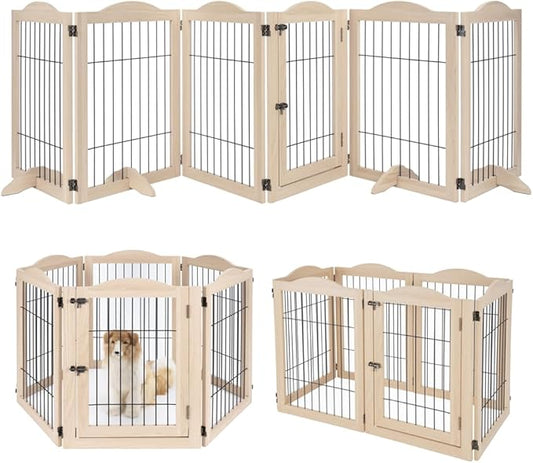 unipaws 132" Extra Wide Dog Gate and Pet Playpen, Free Standing Tall Fence with Walk Through Door, Barriers for Home, Use as Indoor Dogs Cats Pen, Rabbit Pen, Nature