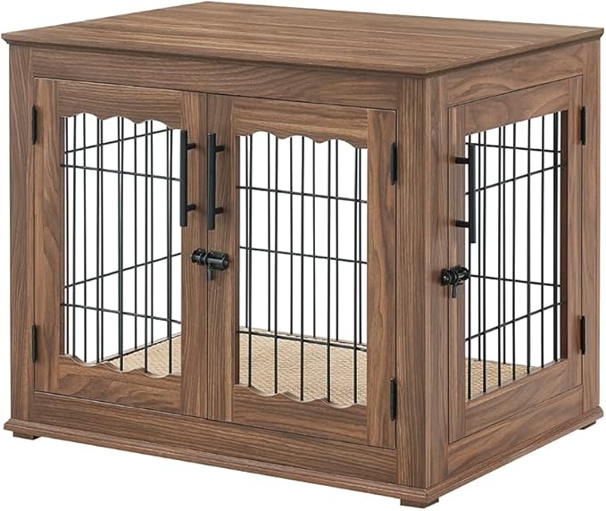 beeNbkks Furniture Style Dog Crate End Table, Double Doors Wooden Wire Dog Kennel with Pet Bed, Decorative Pet Crate Dog House Indoor Medium Large