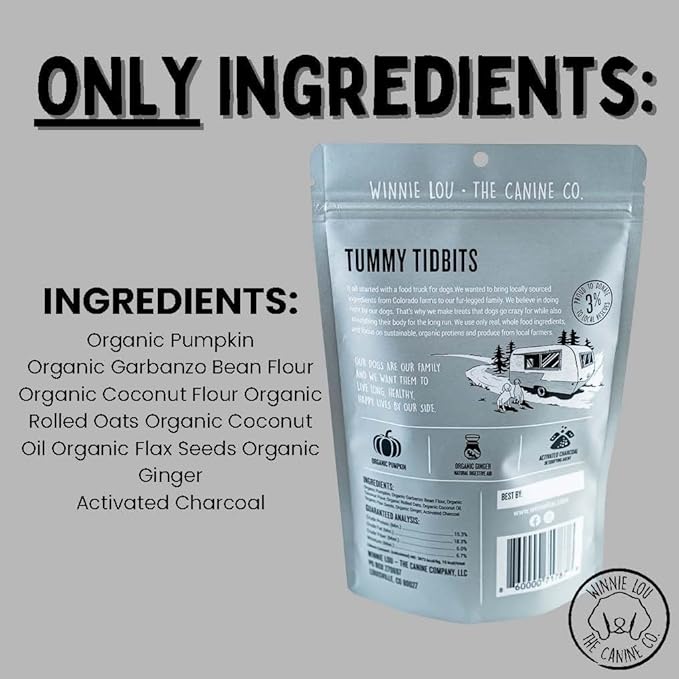 Winnie Lou Organic Healthy Dog Treats – All Natural Crunchy Dog Biscuits Made in USA with Organic Pumpkin, Ginger, Activated Charcoal for Improved Digestion – Tummy Tidbits (Pack of 2)