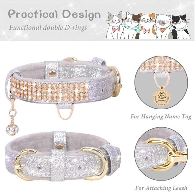 PetsHome Cat Collar, Dog Collar, [Bling Rhinestones] Premium PU Leather with Pendant Adjustable Collars for Cat and Small Dog Extra Small Silvery