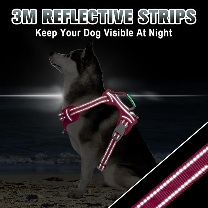 BARKBAY No Pull Dog Harness Large Reflective Dog Harness with Front Clip and Easy Control Handle for Walking Training Running with ID tag Pocket(Pink,L)