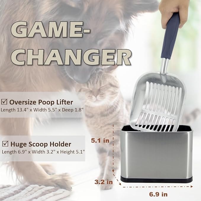 Full Metal Cat Litter Scoop with Holder, Stainless Steel Cat Litter Scooper Holder, Aluminum Kitty Scoop Captures All Clumps, Heavy Duty Kitty Metal Scooper with Non-Slip Handle