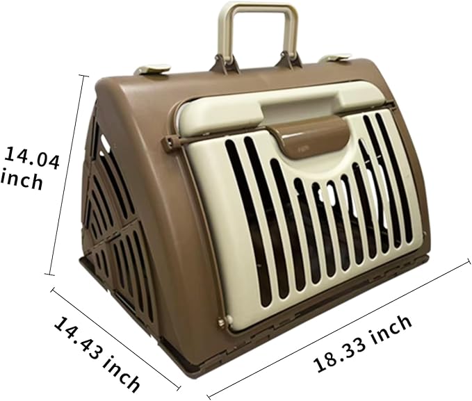 Foldable Travel Cat Carrier, Small Cat Carrier Hard Up to 25lbs, 18" Lx14.5 Wx14 H Front Open Type Plastic Cat Carriers, Beige + Coffee