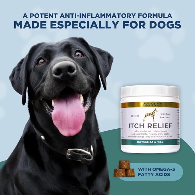 PetScy Dog Itch Relief Chews with Omega 3 Fatty Acids, EPA & DHA | Itch Relief for Dogs Nutritional Support, Immunity & Muscles | Itchy Skin Treatment for Dogs of All Ages, Pork Flavor - 30 Chews
