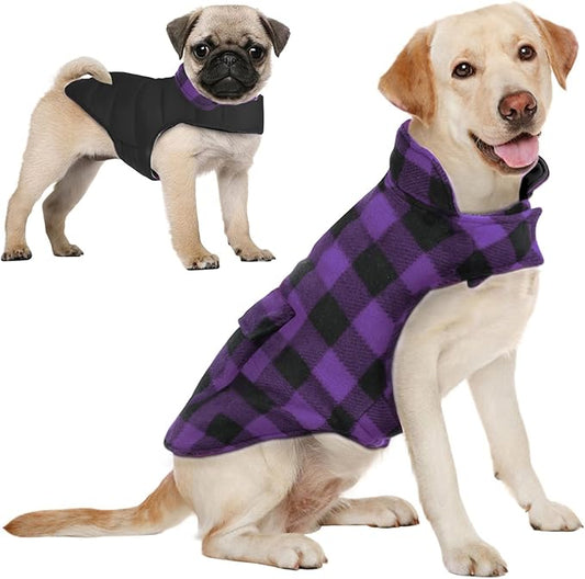 AOFITEE Dog Coat Plaid Dog Winter Coat for Large Dogs, Warm Dogs Jacket Christmas Sweater, Waterproof Pet Puffer Jacket, Reversible Pet Cold Weather Coats for Small Medium Large Pets, Purple XL