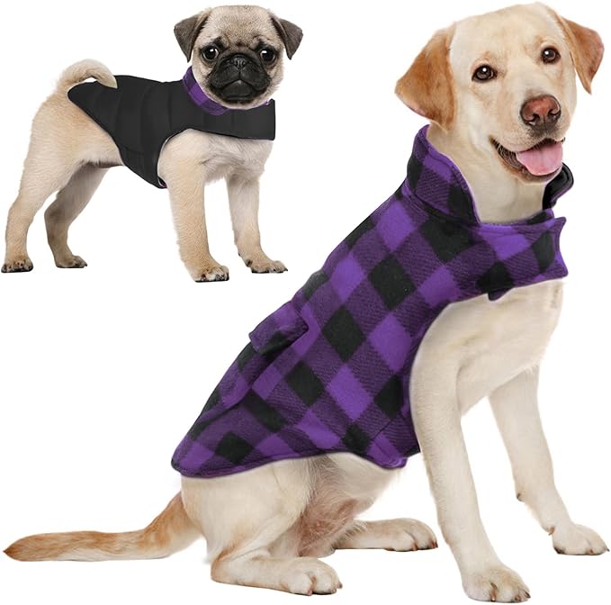 AOFITEE Dog Coat Plaid Dog Winter Coat for Small Dogs, Warm Dogs Jacket Christmas Sweater, Waterproof Pet Puffer Jacket, Reversible Pet Cold Weather Coats for Small Medium Large Pets, Purple L