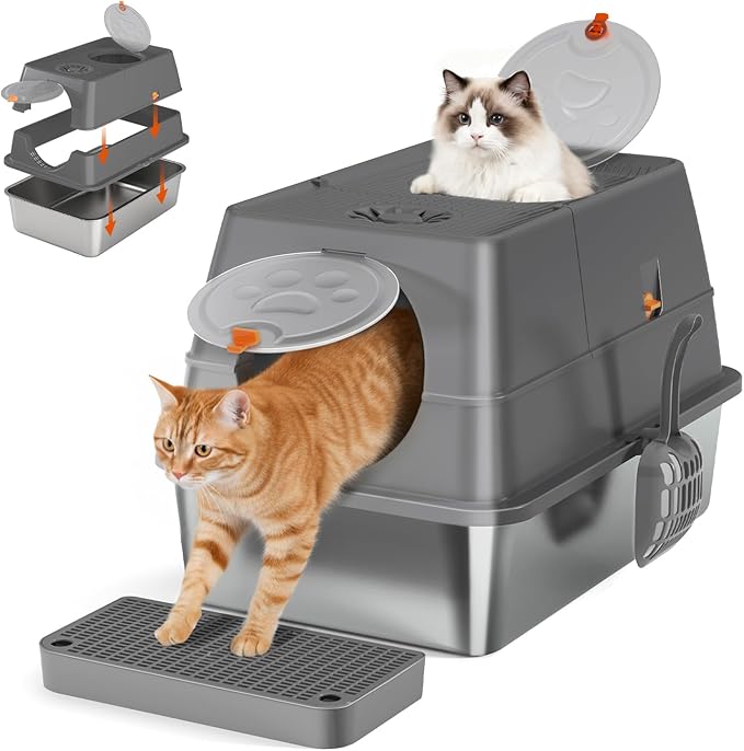 Front & Top Entry Stainless Steel Litter Box with Lid,Cat Litter Box Enclosure,Extra Large Enclosed,Non-Sticky Metal Pan,Anti-Leakage,Odor Control,Easy Clean,Covered for Indoor Cats,Includes Scoop Set