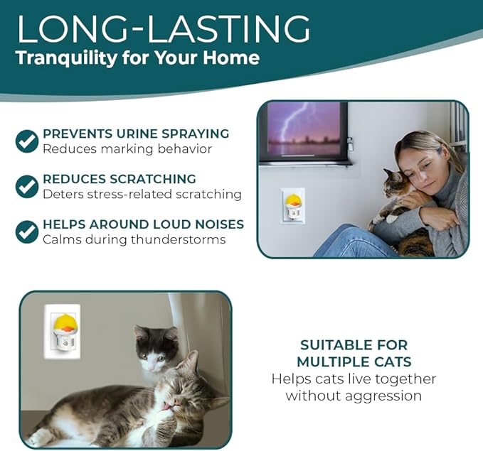 Cat Calming Diffuser for Stress Relief - Natural Cat Deterrent Spray to Reduce Stress, Spraying & Aggressive Behavior - Easy-to-Use Cat Diffuser Calming Solution for a Peaceful Home. 60 Day Supply