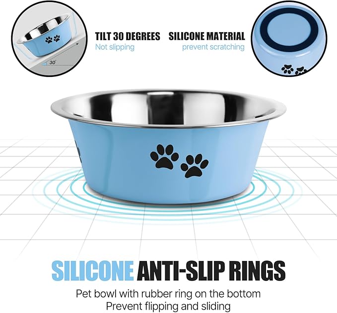Stainless Steel Dog Bowls, Nonslip Rubber Bottom No Spill Proof Skid Metal Insulated Dog Bowls for Large Medium Small Breed Dogs (Blue, 3.6 Cups/29 OZ)