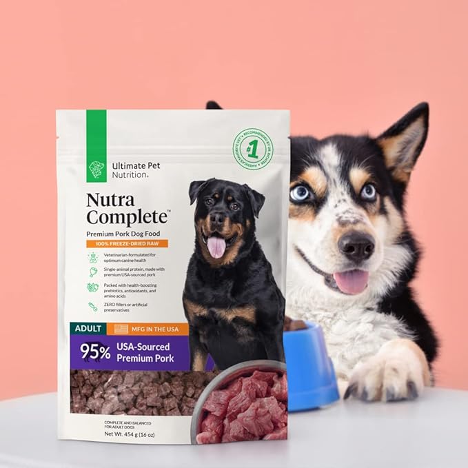ULTIMATE PET NUTRITION Nutra Complete Freeze Dried Raw Dog Food, Veterinarian Formulated with Antioxidants, Prebiotics & Amino Acids (1 Pound, Pork)