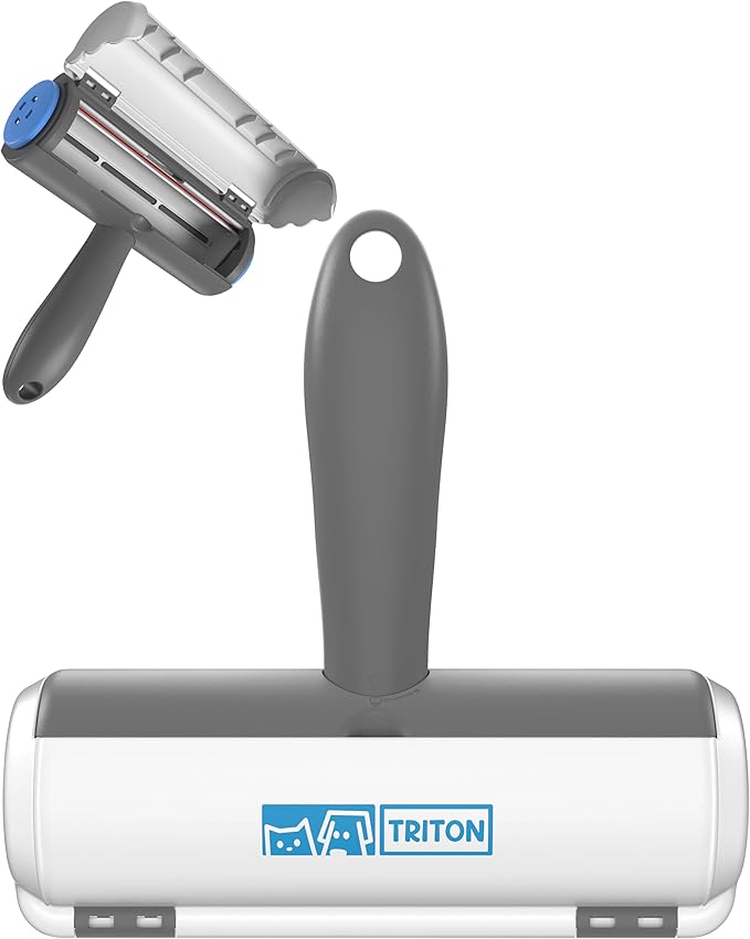Triton Travel Pet Hair Removal Tool - Compact w/Removable Handle - Portable Reusable Lint Roller Cat and Dog Hair Remover Roller for Couch, Car, Clothes, Fur Cleaner for Quick Cleaning (Gray/White)