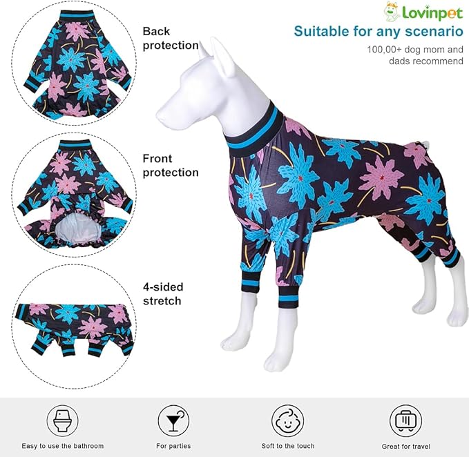 LovinPet Dog Recovery Bodysuit for Medium Dogs Girl, Lightweight Stretchy Fabric, Black, Turquoise Leaf Print, Medium Surgery Recovery PJs, Easy to Wear Adorable Bodysuit