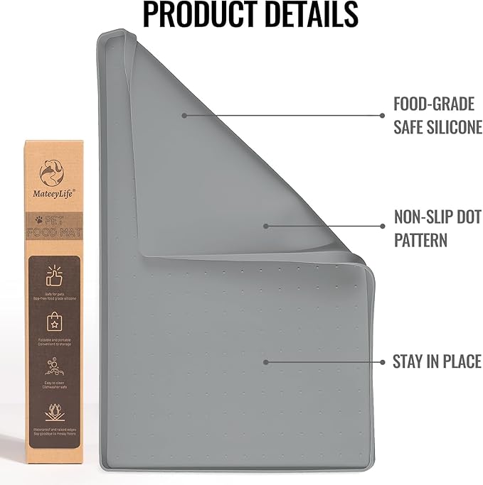 MateeyLife Cat & Dog Food Mat - Waterproof, Non-Slip Bowl Mat with Raised Edges, Silicone Matt Tray for Messy Drinkers, 22"x14", Grey