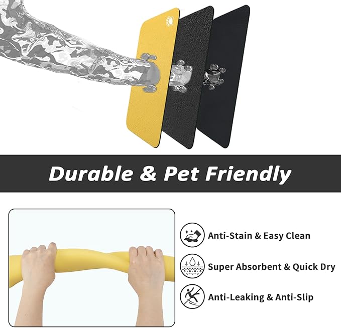 Pet Feeding Mat - Absorbent Dog Mat for Food and Water, No Stains Cat Bowl Mat, Easy to Clean Pet Placemats, Quick Dry Dog Water Dispenser Mat for Messy Drinkers | Paw Yellow 18"x 28"