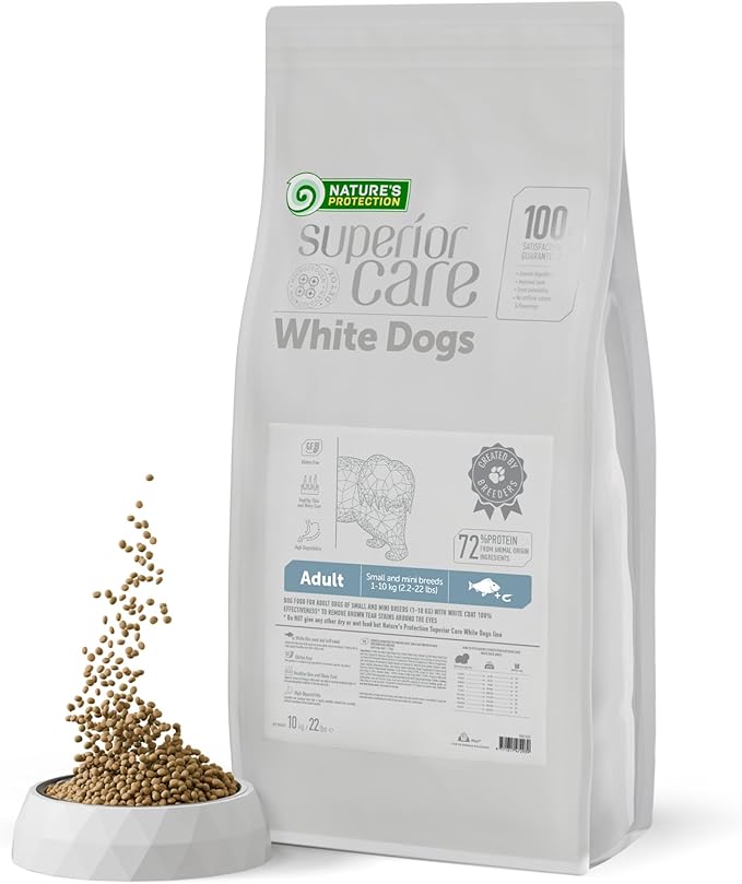 Nature's Protection Dry Dog Food for Small Breed - High Protein, Grain-Free Anti-Tear Stain Diet for White & Light Fur Adult Dogs, Small Bites Kibble (Superior Care - White Fish, 22 lb)