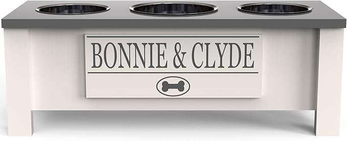 GrooveThis Woodshop - Personalized Elevated Triple Dog Bowl Stand for Large, Medium, Small, X-Small Dogs - 3 Stainless Steel Food and Water Bowls - Raised Dog Dish with Internal Storage (Medium, Grey)