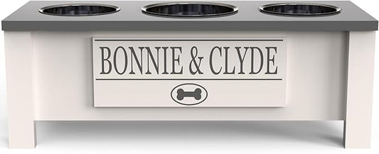 GrooveThis Woodshop - Personalized Elevated Triple Dog Bowl Stand for Large, Medium, Small, X-Small Dogs - 3 Stainless Steel Food and Water Bowls - Raised Dog Dish with Internal Storage (Medium, Grey)