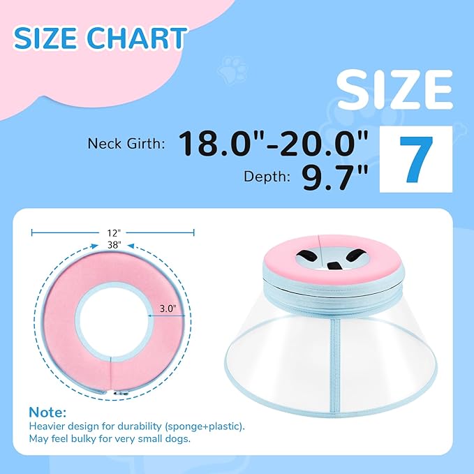 Sponge Core Dog Cone, Inflatable Dog Cone Collar Alternative, Dogs Donut Collar After Surgery, Soft Cone for Large Medium Small Dogs to Stop Licking, No Inflation Required, Clear View(Size 7, Pink)