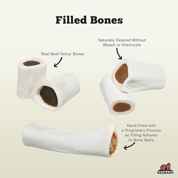 Redbarn Pet Products Small Filled Dog Bones, Cheese & Bacon Flavor - Long Lasting Stuffed Femur Chew Treat Made in USA - 4 Count - Packaging May Vary
