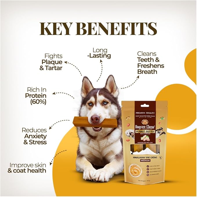 Dogsee Himalayan Yak Chew with Peanut Butter 1lb (Large - 4 Chews) | Support Muscle Growth in Dogs | Fights Plaque & Tartar | Dog Treats Healthy | Dog Chews for Teeth Cleaning