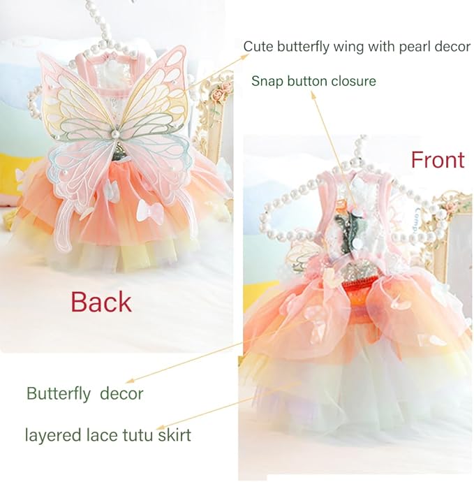 Rainbow Butterfly Dog Dresses for Small Dog Girl Puppy Lace Tutu Princess Dress Cat Outfit Pet Butterfly Costume for Kitten Chihuahua Yorkie Pomeranian (Pink, Medium)