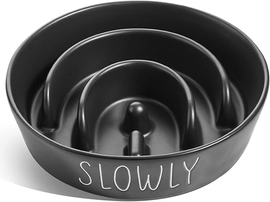 Slow Feeder Dog Bowl - 1.5 Cups Ceramic Puzzle Feeder for Small & Medium Breeds, Maze Design Pet Dish for Puppy & Fast Eaters, Black Non-Slip Bowl to Control Eating Speed