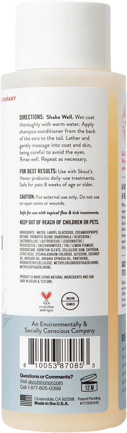 SKOUT'S HONOR Probiotic Itch Relief Shampoo for Pets - Non-Medicated, Fragrance-Free, Paraben & Sulfate-Free, with Avocado Oil & Omega 3's, 16 Fl Oz