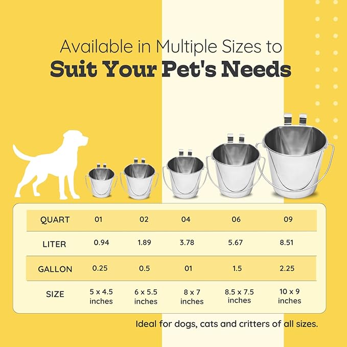 1 Quart Stainless Steel Flat Sided Pail with Dual Hooks | Hanging Bucket for Dog, Cat, Bird & Small Animals | Durable Food & Water Bowl Fits Kennels, Crates & Cages | Multipurpose Use