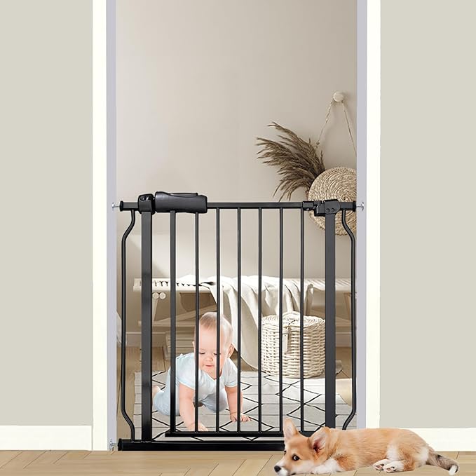 29-34 Inch Baby & Pet Gate - Black Metal, Pressure Mounted, Walk Through Safety Gate for Narrow Stairs & Doorways