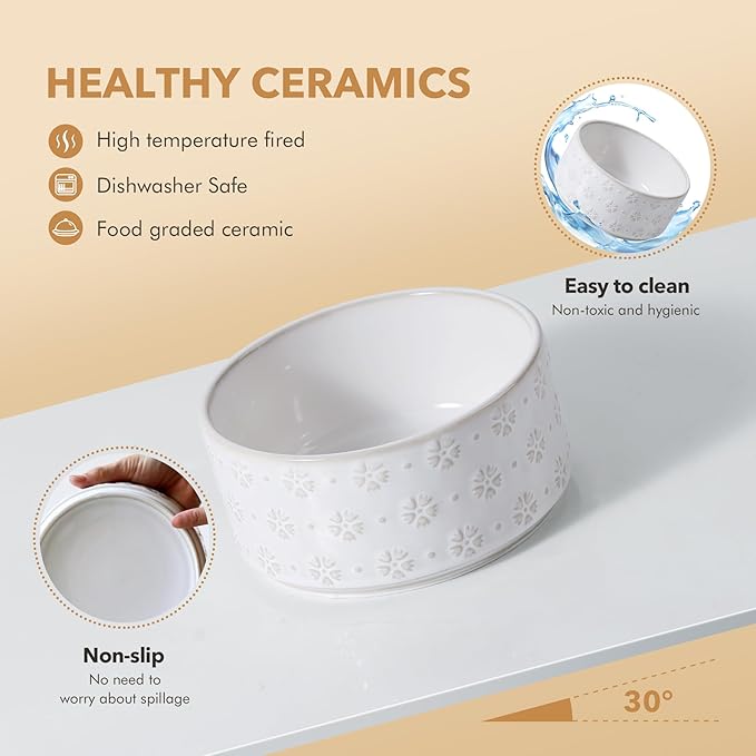 Ceramic 8.2inch Raised Double-Bowl Set with Acacia Wooden Stand, Food & Water Bowls for Large Breed Dogs, Weighted Dog Dishes, Pet Bowl (60 oz)