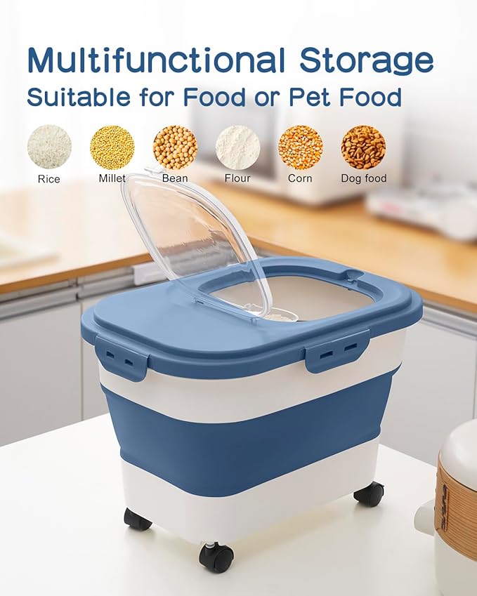 20-30 Lbs Rice Storage Container,Collapsible Food Storage Containers with Rolling Wheel Airtight Locking Lid,Flour Storage Container with Cup and Scoop,Suitable for Food,Rice,Pet Food,Flour