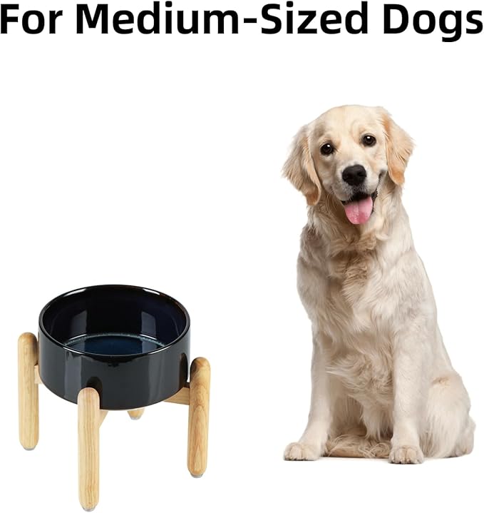 Ceramic 7.3inch Raised Dog Bowl Set, Elevated with Wooden Stand, Food and Water Bowl for Medium Breed Dogs, Weighted Dog Dishes, Pet Feeder(Starry Sky)