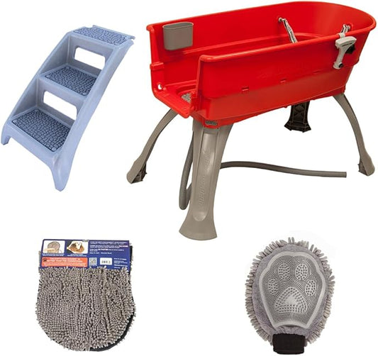 Booster Bath Elevated Pet Bathing Large Red with Steps and Grey DGS Cleaning Crew Combo