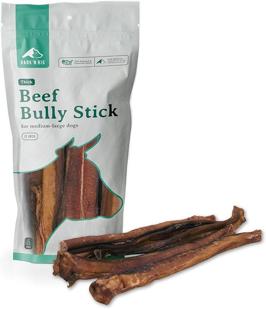 BARK'N BIG Thick 12 Inch Odor Free Bully Sticks for Large Dogs Made in USA - Single Ingredient Dog Chew - Premium Pizzle Sticks - Beef Pizzles for Large Breeds - 5 Count
