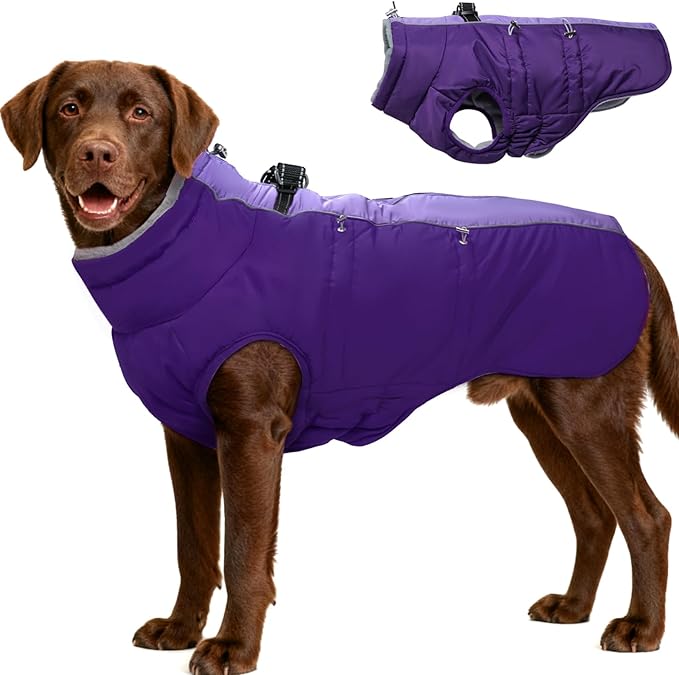 Dog Coat Winter Warm Dog Jackets for Large Dogs Reflective Snowsuit with Harness Fleece Dogs Snow Jacket Waterproof Pet Clothes for Cold Weather