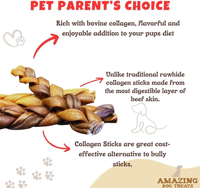 Amazing Dog Treats - 6 Inch Braided Collagen Sticks for Dogs - (10 Count) - Collagen Bully Sticks for Dogs