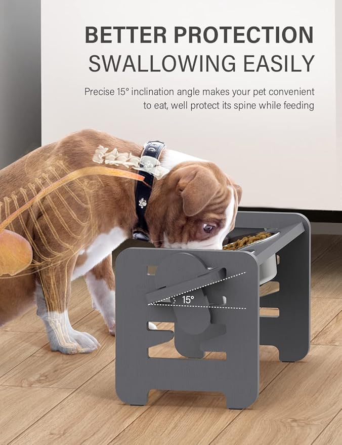 Vantic Elevated Dog Bowls, Adjustable Raised Dog Bowl Stand for Small Puppy and Cats, Sturdy Bamboo Pet Food Feeder with 2 Stainless Steel Dishes, Gray