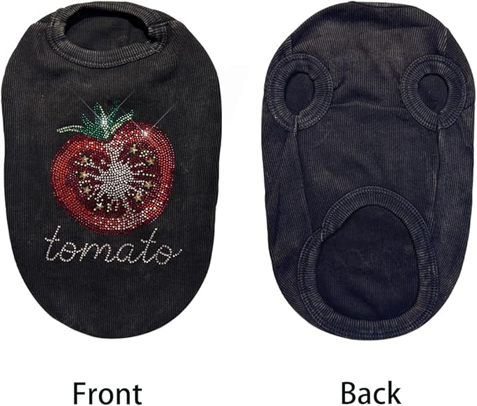 Washed Cotton Pet Vest with Rhinestone Fruit Designs, Soft & Stylish Small Dog Cat Vest for Spring Summer, Breathable & Shiny (Black-Tomato, Medium)