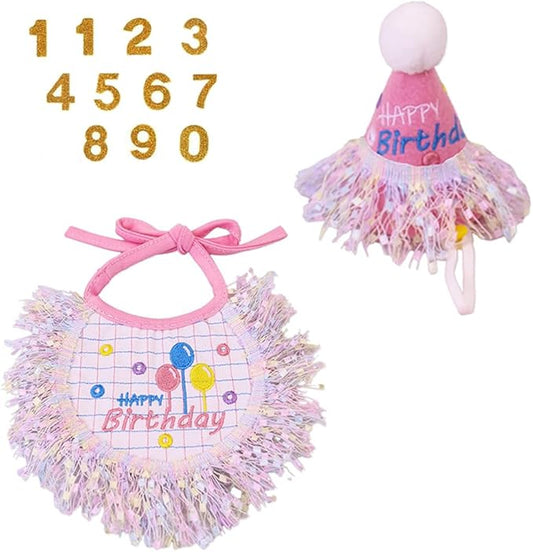 Dog Birthday Party Supplies, Dog Birthday Bandana Set,Bling Boy Girl Party Hat with Numbers for Puppy Large Medium Small Pet (Silver Set, Small)