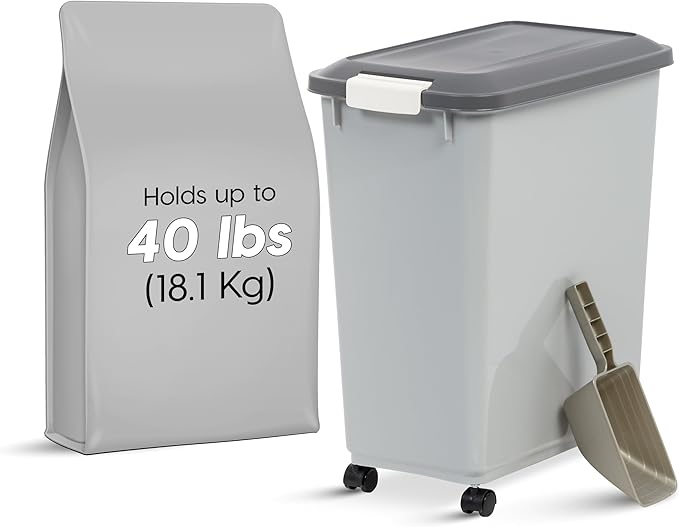 IRIS USA Dog Food Storage Container with Wheels, Airtight Lid, 2-Cup Scoop, Up to 40 Pounds Pet Food Storage, Built in Scoop Storage in Lid, Versatile Pet Food Bin, Portable, BPA Free, Gray/Dark Gray