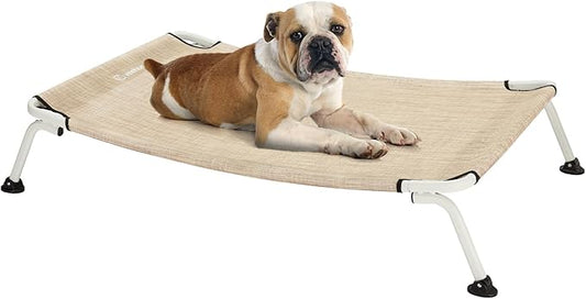 Veehoo Elevated Dog Bed for Outdoor, Cooling Waterproof Raised Dog Cots Beds for Medium Dogs, Curved Off Ground Pet Hammock Cot Lifted for Outside, up to 65lbs, White Legs, Beige 32"